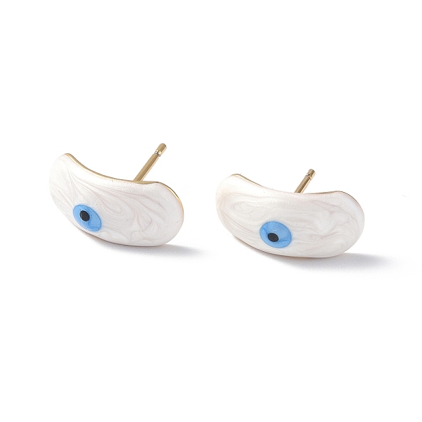 PandaHall Enamel Curved Oval with Evil Eye Stud Earrings, Real 18K Gold Plated Brass Jewelry for Women, White, 7.5x15.5mm, Pin: 0.8mm Brass...