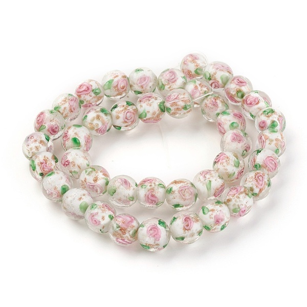 

PandaHall Handmade Gold Sand Lampwork Beads Strands, Inner Flower, Round, Antique White, 10x9mm, Hole: 1mm, about 40~42pcs/strand, 14.56..., Orange