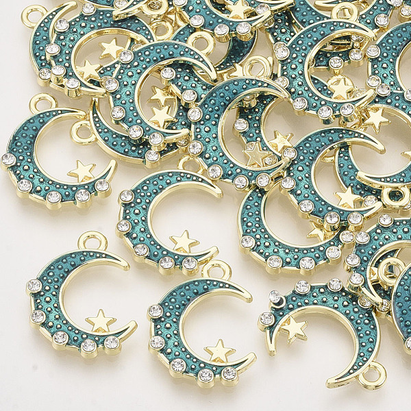 

PandaHall Alloy Enamel Pendants, with Crystal Rhinestone, Light Gold, Moon with Star, Dark Cyan, 20x16x2.5mm, Hole: 1.8mm Alloy..., Clear