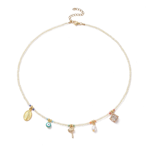 

PandaHall Virgin Mary & Tree & Evil Eye Alloy & Brass Pendant Necklace with Glass Seed Beaded Chains for Women, Colorful, 19.29 inch(49cm)..., Yellow