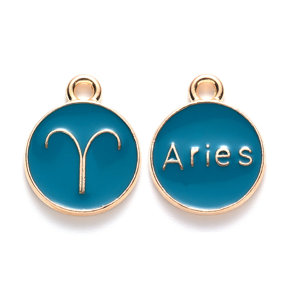 

PandaHall Alloy Enamel Pendants, Cadmium Free & Lead Free, Flat Round with Constellation, Light Gold, Dark Cyan, Aries, 15x12x2mm, Hole...