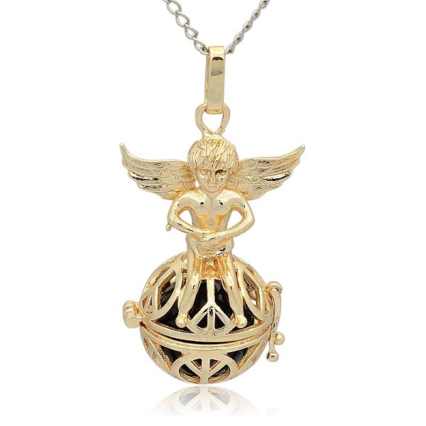 

PandaHall Golden Tone Brass Hollow Round Cage Pendants, with No Hole Spray Painted Brass Round Ball Beads, Round with Angel, Black...