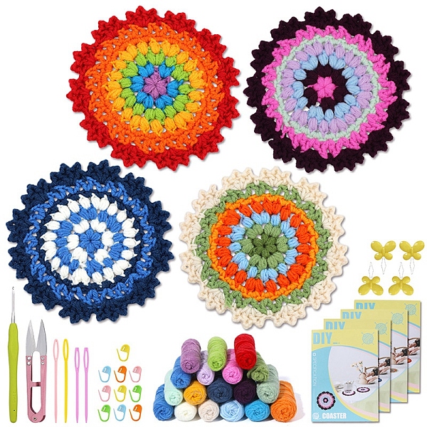 

PandaHall 4 Style DIY Cup Mat Knitting Kits for Beginners, including Polyester Yarn, Crochet Hook, Yarn Needle, Instructions, Stitch Marker..., Multicolor