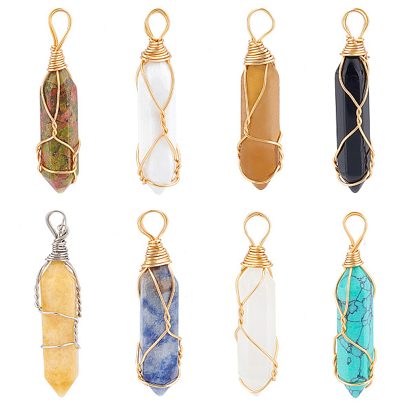 

PandaHall 8Pcs 8 Style Natural & Synthetic Gemstone Big Pendants, with Brass Findings, Hexagonal Prisms, 44.5~52x10~11x9.5~10.5mm, Hole...