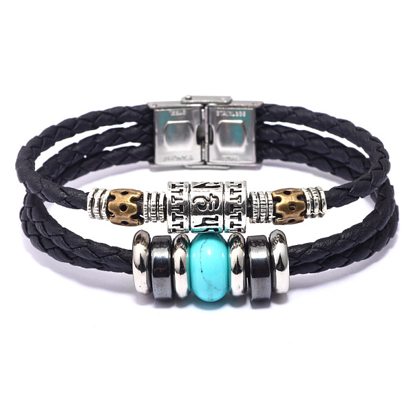 

PandaHall Leather Multi-strand Bracelets, with Synthetic Turquoise, Synthetic Hematite, Alloy Findings and Stainless Steel Clasps, 8-1/8..., Green