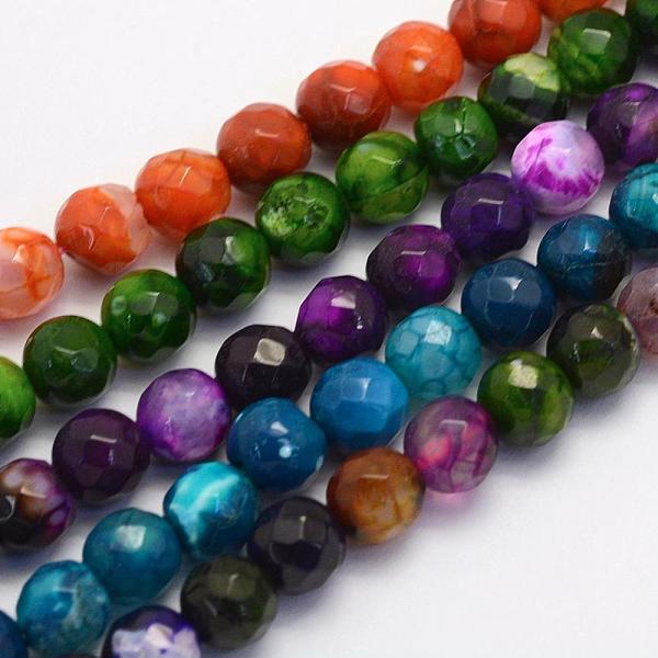PandaHall Natural Agate Beads Strands, Round, Dyed & Heated, Faceted, Mixed Color, 8mm, Hole: 1mm, about 49pcs/strand, 15.1 inch(38.5cm)