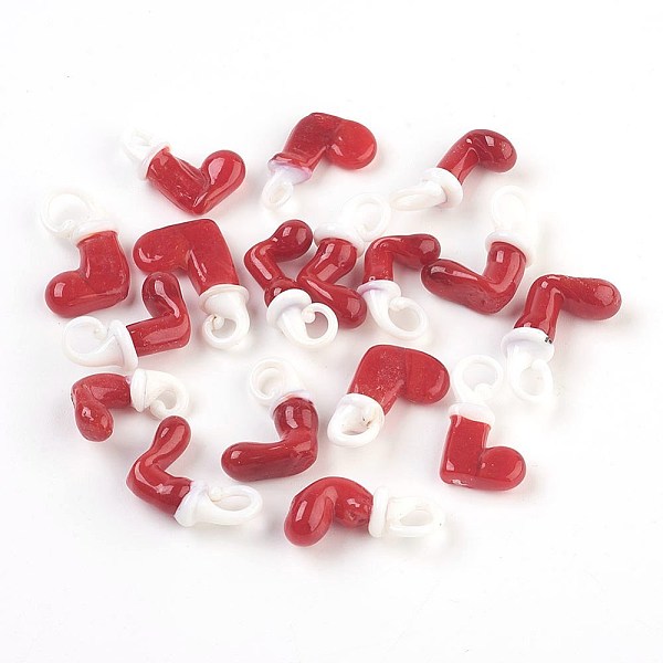 

PandaHall Handmade Lampwork Glass Pendants, Christmas sock, FireBrick, 20~25x12~16x3~9mm, Hole: 1.5~5mm Lampwork Christmas Socking Red