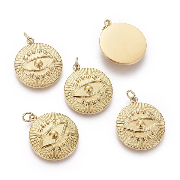 

PandaHall Ion Plating(IP) 316 Surgical Stainless Steel Pendants, with Jump Rings, Flat Round with Eye, Golden, 17.5x15x3mm, Hole: 3mm 316...