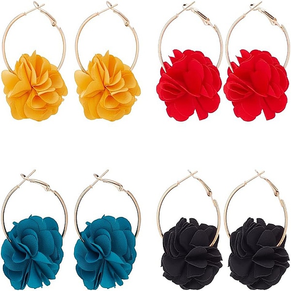 4 Pairs 4 Colors 3D Flower Cloth Hoop Earrings