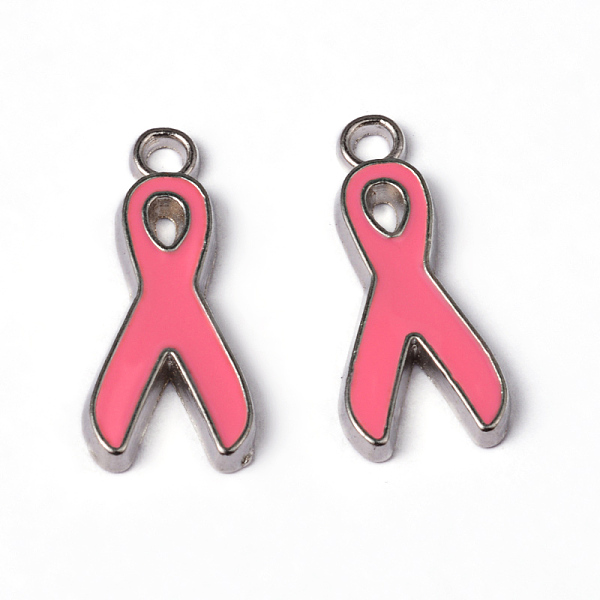 

PandaHall October Breast Cancer Pink Awareness Ribbon Alloy Enamel Pendants, Lead Free and Cadmium Free, Platinum Metal Color, 19x8x1mm...