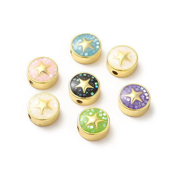 

PandaHall Rack Plating Brass Enamel Beads, with Shell Chips, Long-lasting Plated, Cadmium Free & Lead Free, Flat Round with Star, Golden..., Multicolor