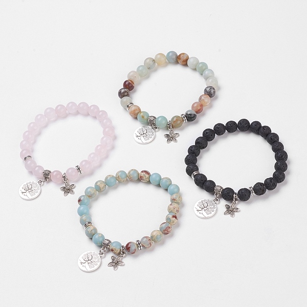 

PandaHall Natural & Synthetic Mixed Stone Stretch Bracelets, with Alloy Pendants & Bead Spacers, Tree of Life and Flower, Burlap Packing, 2...