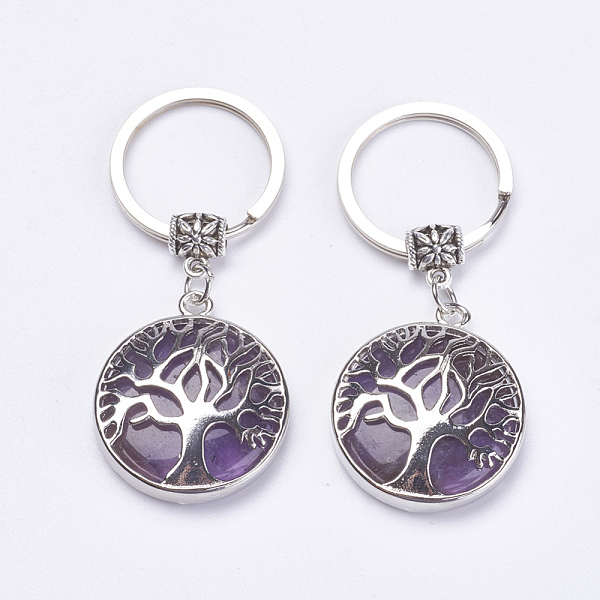

PandaHall Natural Amethyst Keychain, with Brass Finding, Flat Round with Tree of Life, 64mm Amethyst Flat Round Multicolor