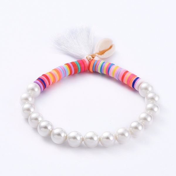 

PandaHall Tassels Charm Stretch Bracelets, with Handmade Polymer Clay Heishi Beads, Shell Pearl Beads and Natural Cowrie Shell Beads, White...