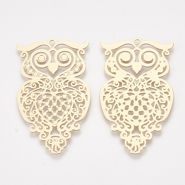 

PandaHall Brass Pendants, Etched Metal Embellishments, Owl, Light Gold, 39x22.5x0.3mm, Hole: 1.6mm Brass Owl