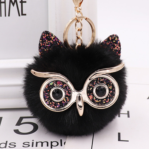 

PandaHall Pom Pom Ball Keychain, with KC Gold Tone Plated Alloy Lobster Claw Clasps, Iron Key Ring and Chain, Owl, Black, 12cm Alloy Owl...