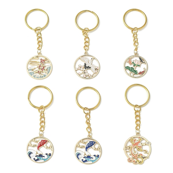 

PandaHall Alloy Enamel Pendants Keychain, with Iron Split Key Rings, Flat Round with Fish/Phoenix/Flower, Mixed Color, 8~8.5cm, 6pcs/set..., Multicolor
