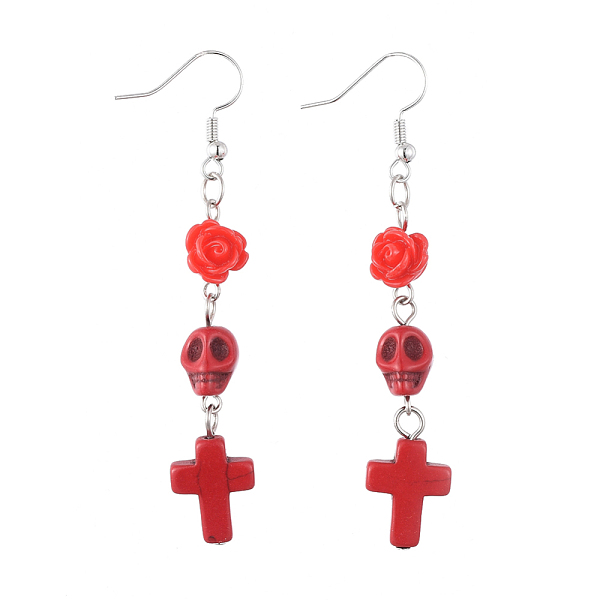 

PandaHall Dangle Earrings, with Synthetic Turquoise, Synthetic Howlite, Resin Beads, Iron Findings and Brass Earring Hooks, Rose & Skull &..., Red