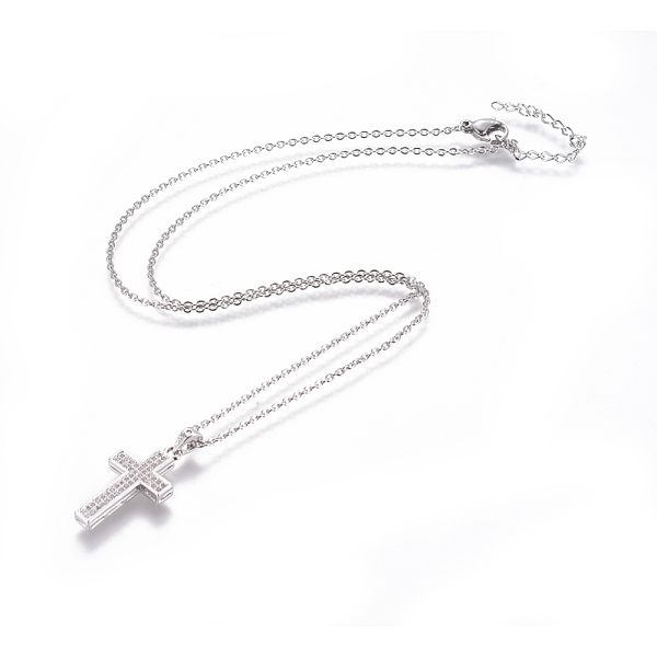 

PandaHall 304 Stainless Steel Pendant Necklaces, with Brass Cubic Zirconia Pendants, Cross, Platinum & Stainless Steel Color, 17.32..., Clear