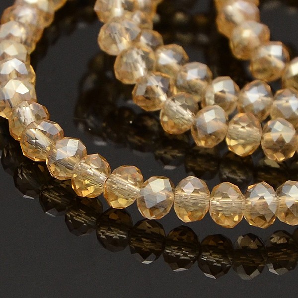 

PandaHall Pearl Luster Plated Faceted Rondelle Glass Beads Strands, Wheat, 6x4mm, Hole: 1mm, about 85pcs/strand, 16 inch Glass Rondelle..., Orange