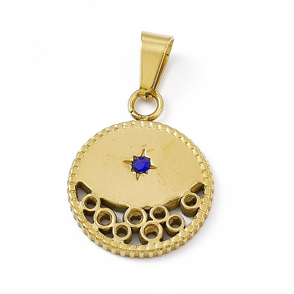 

PandaHall Vacuum Plating 304 Stainless Steel Capri Blue Rhinestone Pendants, Flat Round Charms, Golden, 22x18x2mm, Hole: 7.5x4mm 304..., Cyan