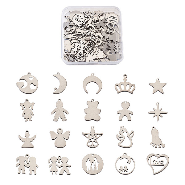 PandaHall 304 Stainless Steel Pendants, Laser Cut, Mixed Shapes, Stainless Steel Color, 100pcs/box Stainless Steel Mixed Shapes