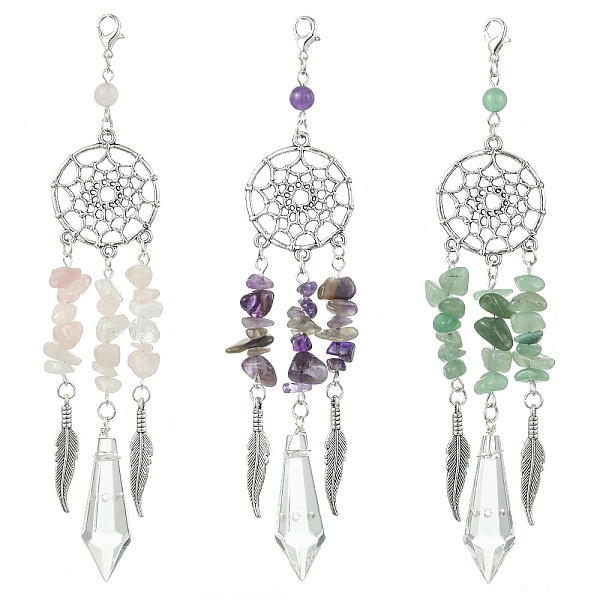 

PandaHall Alloy Woven Web/Net with Feather Pendant Decorations, Natural Mixed Stone Chip and Glass Tassel for Home Decorations, 144~146mm..., Multicolor