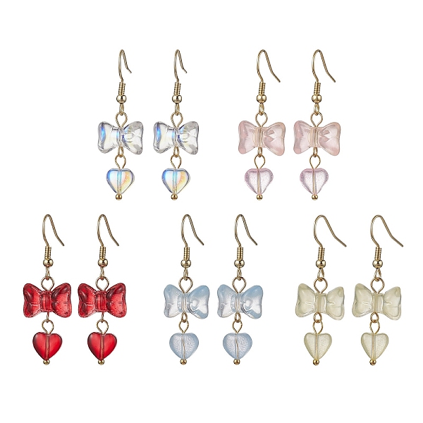 

PandaHall Bowknot with Heart Glass Dangle Earrings, 304 Stainless Steel Earrings, Mixed Color, 43x14mm Glass Bowknot Multicolor