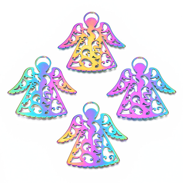 

PandaHall Ion Plating(IP) 201 Stainless Steel Pendants, Angel, Rainbow Color, 50x49x1mm, Hole: 4x9mm 201 Stainless Steel Angel & Fairy