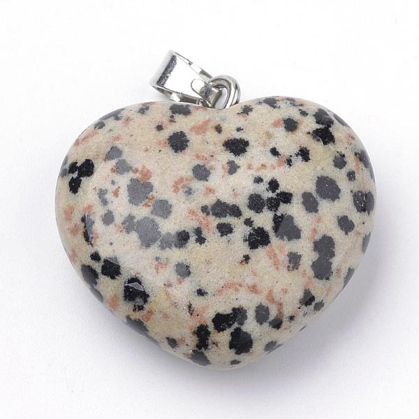 

PandaHall Natural Dalmatian Jasper Pendants, with Alloy Findings, Heart, Platinum, 27~29x28x11mm, Hole: 3.5x5mm Dalmatian Jasper Heart