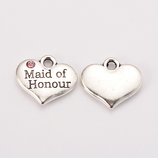 

PandaHall Wedding Theme Antique Silver Tone Tibetan Style Alloy Heart with Maide of Honour Rhinestone Charms, Cadmium Free & Lead Free..., Pink