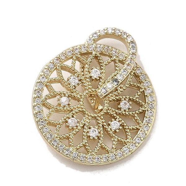 

PandaHall Brass Micro Pave Clear Cubic Zirconia Pendants, Long-Lasting Plated, Flat Round with Flower, Golden, 18.5x1.5mm, Hole: 10x5.5mm...