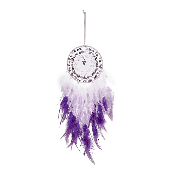 

PandaHall Iron Wire Woven Web/Net with Feather Pendant Decorations, with Plastic, Amethyst Beads, Dangle Cone Pendant, Covered with Leather..., Purple