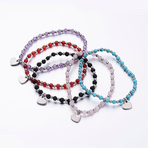

PandaHall 304 Stainless Steel Charm Bracelets, Heart, with Natural & Synthetic Mixed Stone Beads and Elastic Fibre Wire, 2-1/4 inch(57mm)...