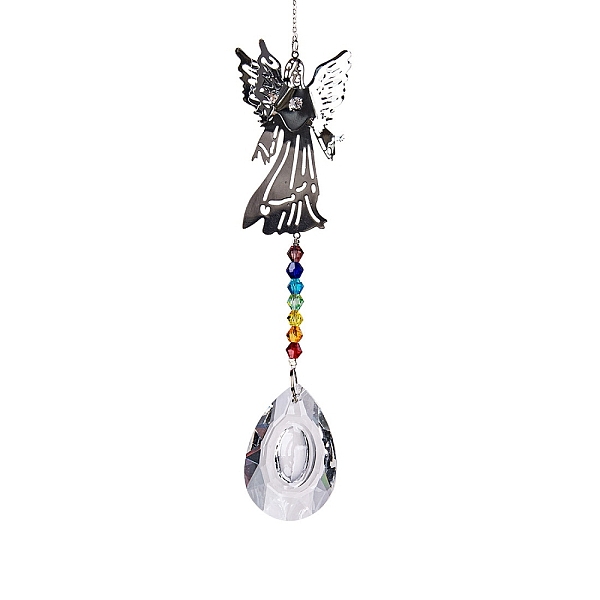 

PandaHall Glass Teardrop Pendant Decorations, with Metal Angel Link, Hanging Suncatchers Garden Decorations, Colorful, 350mm Glass Angel &...
