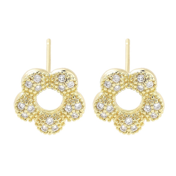 

PandaHall Brass Micro Pave Clear Cubic Zirconia Stud Earrings for Women, Flower, Real 18K Gold Plated, 11x11.5mm Cubic Zirconia Flower Clear
