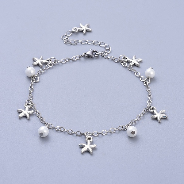 

PandaHall Brass Cable Chain Anklets, with Synthetic Turquoise, Glass Pearl and Tibetan Style Alloy Charms, White, 9 inch(23cm) Glass White
