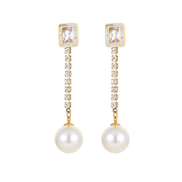 

PandaHall 304 Stainless Steel Dangle Stud Earrings, Plastic Pearl Drop Earrings, Golden, 42.8x13.6mm 304 Stainless Steel Round