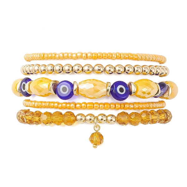 

PandaHall 5Pcs 5 Style Glass & Lampwork Evil Eye Stretch Bracelets Set, Stackable Bracelet with Round Charms, Gold, Inner Diameter: 2-3/8...