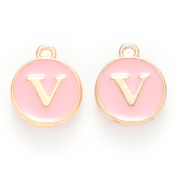 

PandaHall Golden Plated Alloy Enamel Charms, Cadmium Free & Lead Free, Enamelled Sequins, Flat Round with Letter, Pink, Letter.V, 14x12x2mm...