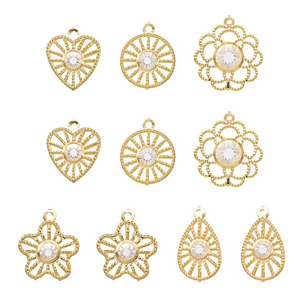 

PandaHall 10Pcs 5 Styles Iron Rhinestone Pendants, Golden, Flower & Teardrop & Flat Round & Heart Charms, Crystal, 23.5~28x16~25x6~9mm, Hole..., Clear