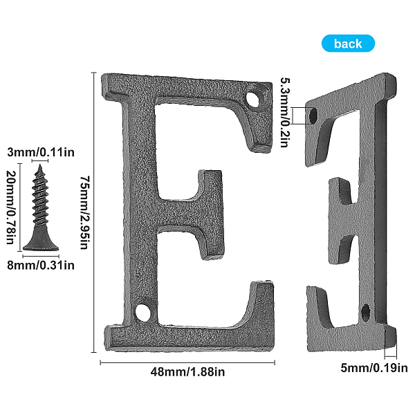 

PandaHall Iron Home Address Number, with 2pcs Screw, Letter.E, 75x48x5mm, Hole: 5.3mm Iron Letter E
