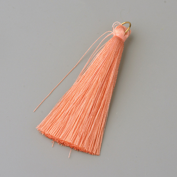 

PandaHall Nylon Thread Tassel Big Pendants Decoration, with Brass Findings, Golden, Light Salmon, 63~66x7mm, Hole: 7mm Nylon Red