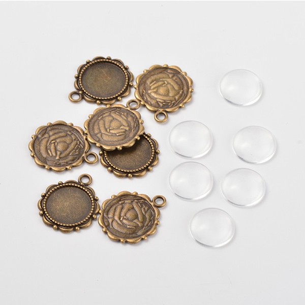 

PandaHall Flower Alloy Pendant Cabochon Settings and Half Round/Dome Clear Glass Cabochons, Lead Free & Nickel Free, Antique Bronze...
