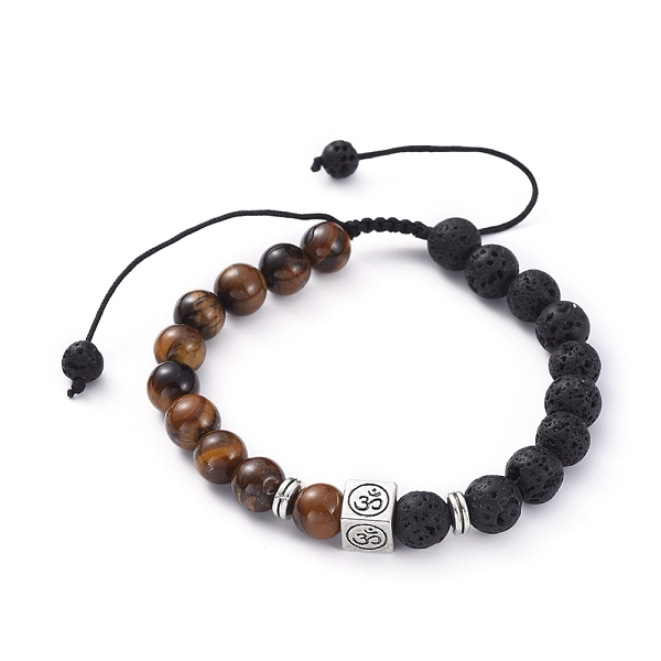 

PandaHall Natural Lava Rock & Tiger Eye Beads Adjustable Braided Bracelets, with Tibetan Style Alloy Beads, Fat...