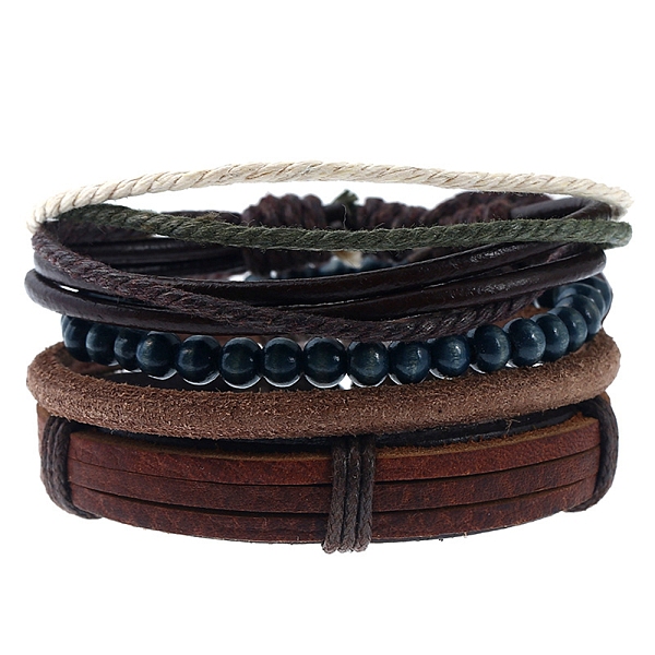 

PandaHall 4Pcs 4 Style Adjustable Braided Cowhide Leather Cord Bracelets Set, Wood Beaded Stretch Bracelets with Waxed Cord for Men, Mixed..., Multicolor