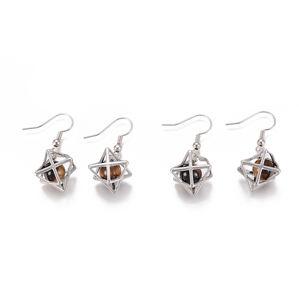 

PandaHall Natural Tiger Eye Dangle Earrings, with Brass Findings, Round Bead Inside, Geometry, 38mm, Pin: 0.7mm Tiger Eye
