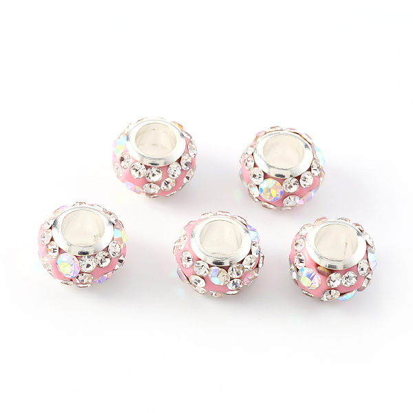 

PandaHall Handmade Polymer Clay Rhinestone European Beads, Large Hole Beads, with Brass Silver Color Core, Rondelle, Pink, 11x7.5mm, Hole...
