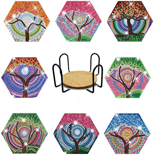 

PandaHall DIY Diamond Painting Tree Pattern Hexagon Coaster Kit, Including Acrylic Board, Resin Rhinestones Bag, Diamond Sticky Pen, Tray..., Multicolor