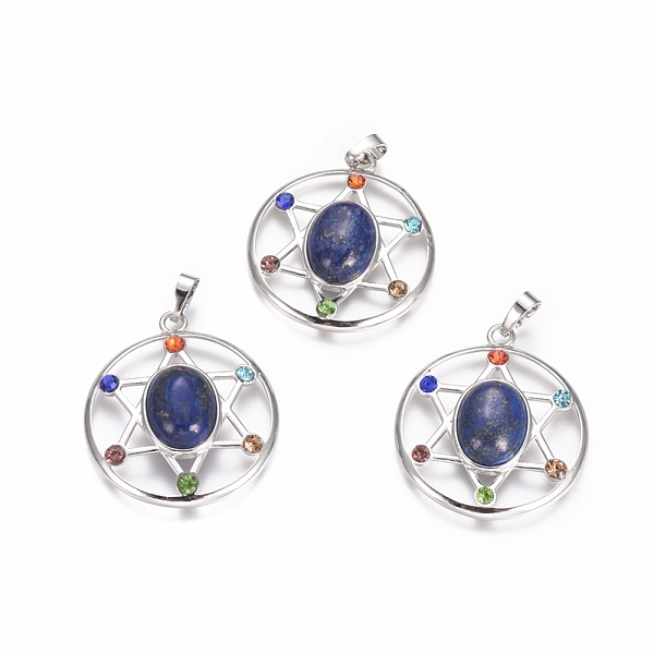 

PandaHall Chakras Style, Natural Lapis Lazuli Pendants, with Platinum Tone Brass Findings and Rhinestone, Flat Round with Star, Dyed..., Multicolor